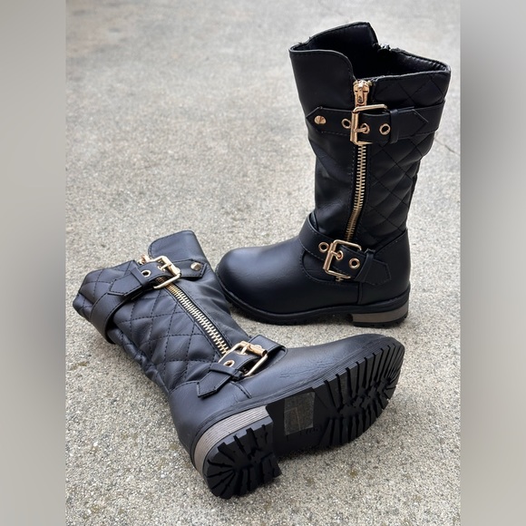 Infant toddler quilted gold buckle long boots with zipper - Picture 3 of 4